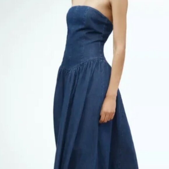Zara Dresses & Skirts - ZARA TRF STRAPLESS DENIM DROP WAIST MIDI DRESS
